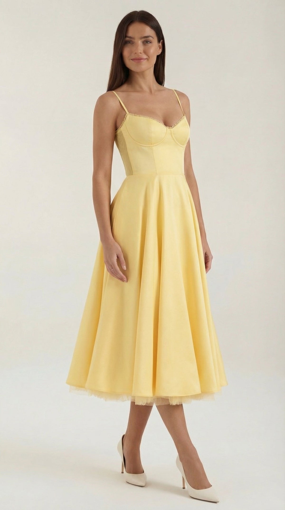 Midikleid mit Herzausschnitt, Tüllrock und Taschen für Damen - Gelb