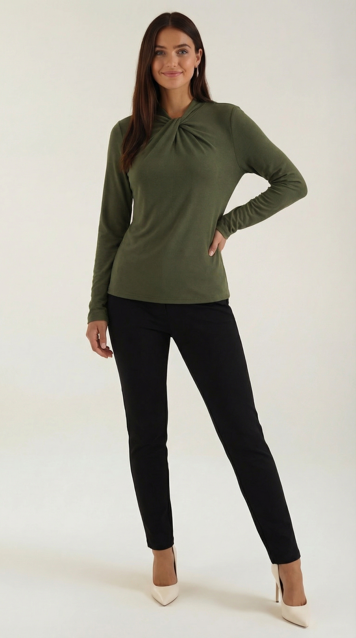 Bluse mit Knotendetail, Stehkragen und langen Ärmeln für Damen - Dunkelgrün