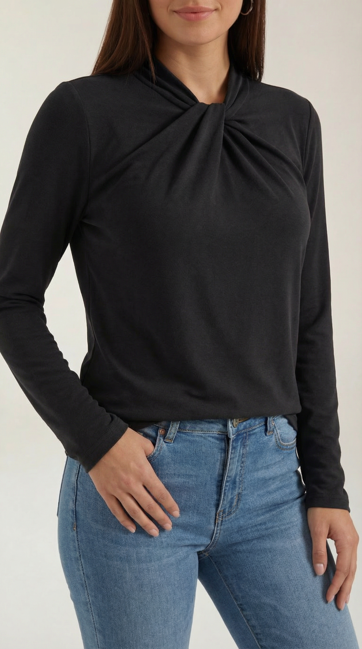 Bluse mit Knotendetail, Stehkragen und langen Ärmeln für Damen