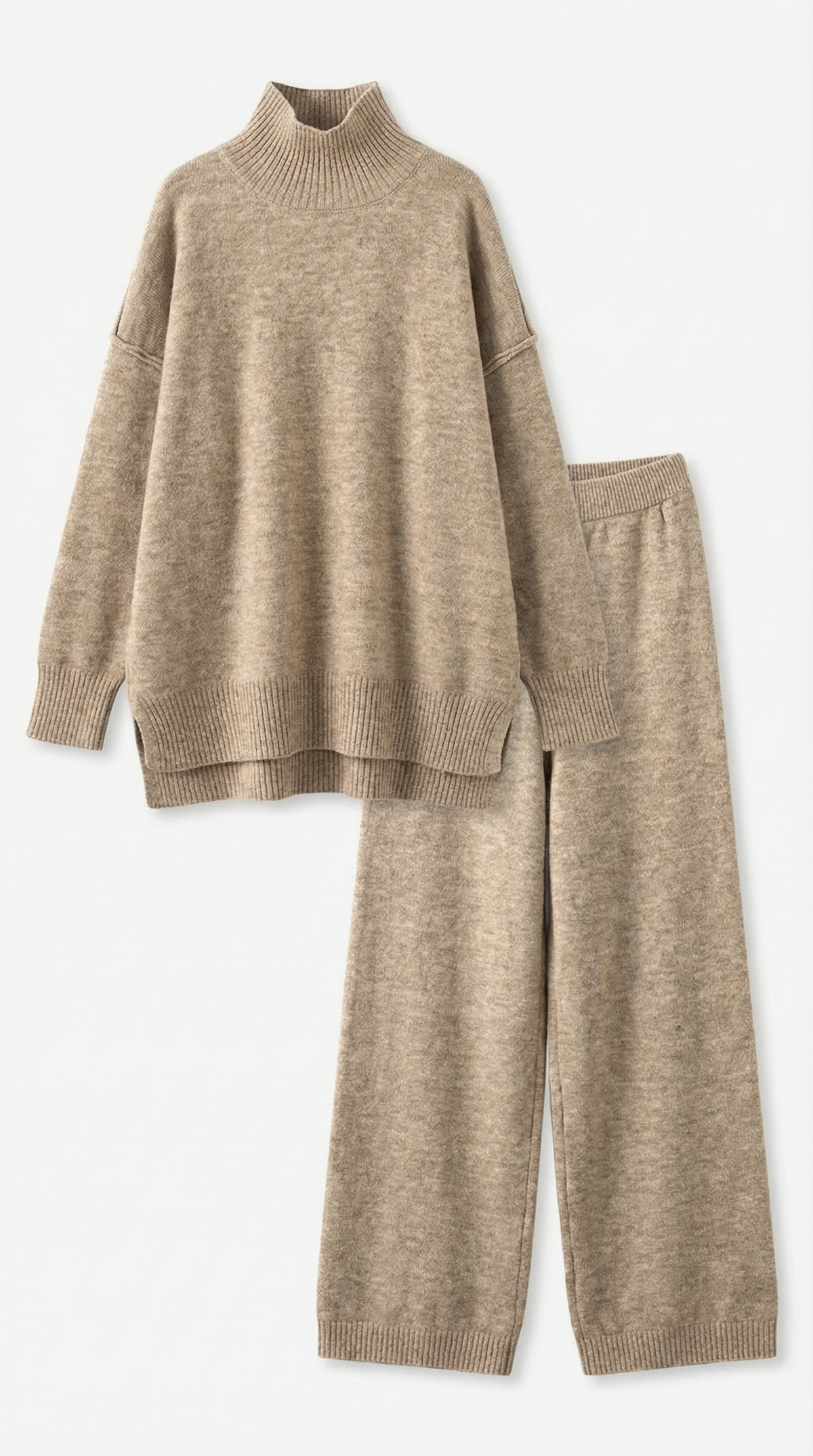Zweiteiler mit Rollkragenpullover und weiter Hose aus Strick für Damen