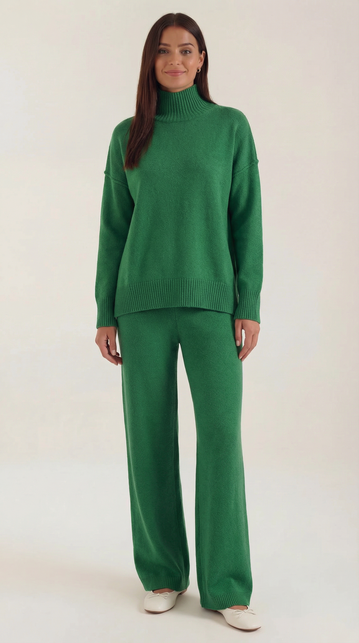 Zweiteiler mit Rollkragenpullover und weiter Hose aus Strick für Damen - Grün