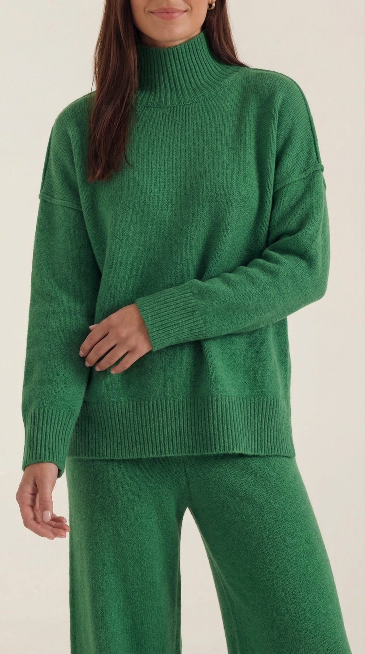 Zweiteiler mit Rollkragenpullover und weiter Hose aus Strick für Damen