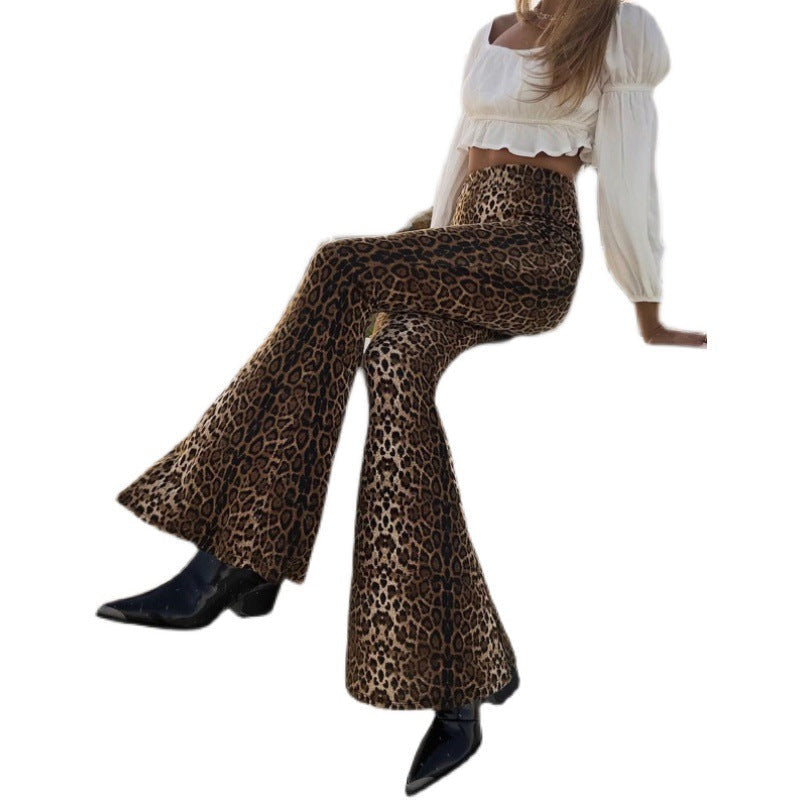 Jeans Damen elastisch mit hohem Bund und Schlag, Leopardenmuster