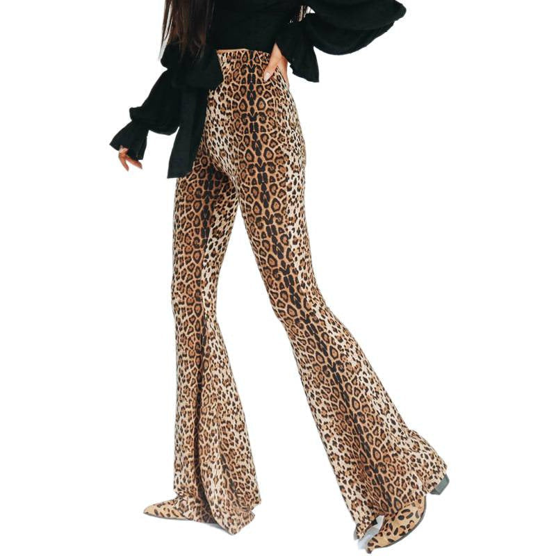 Jeans Damen elastisch mit hohem Bund und Schlag, Leopardenmuster