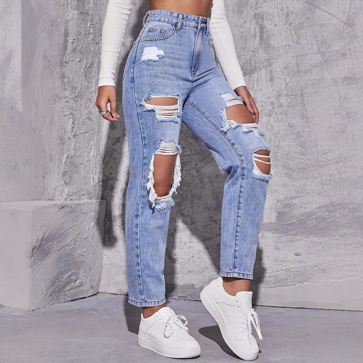 Jeans Damen mit hohem Bund, geradem Bein und markanten Rissen