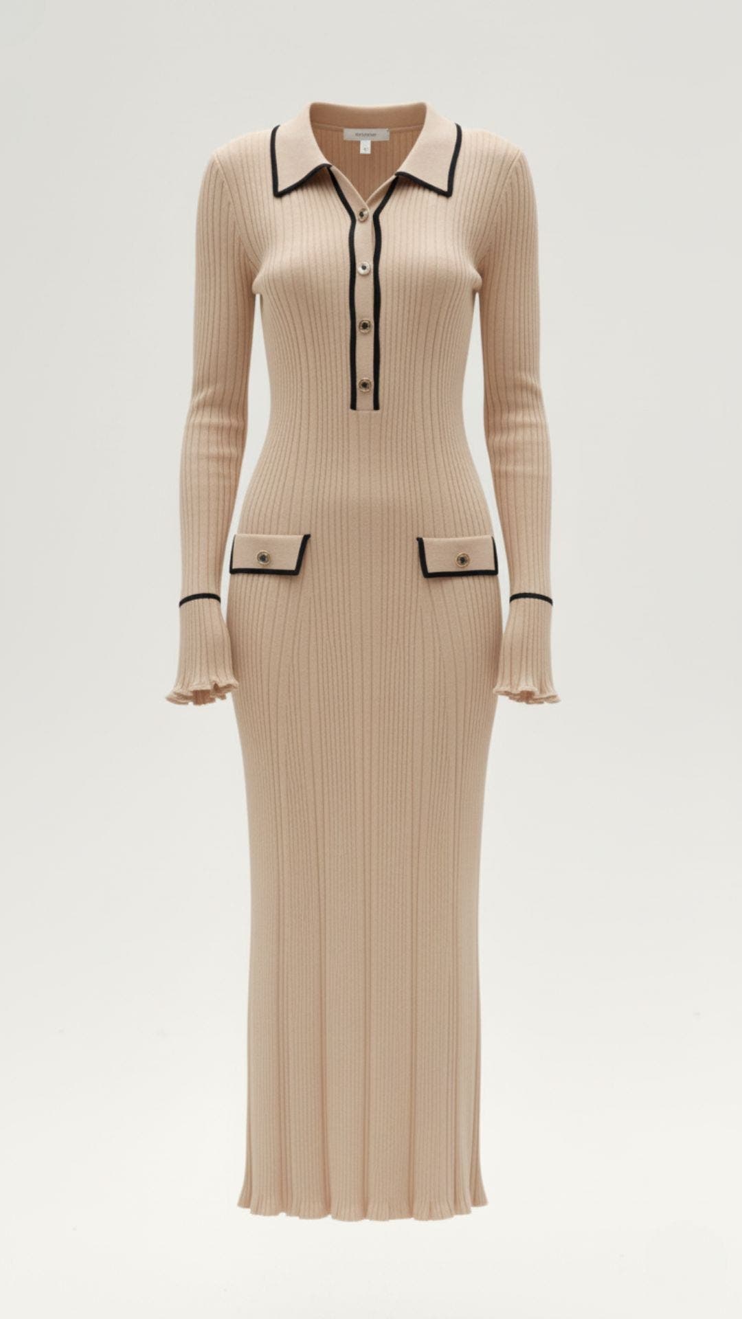 Langes Strickkleid mit Polokragen und Knopfleiste für Damen