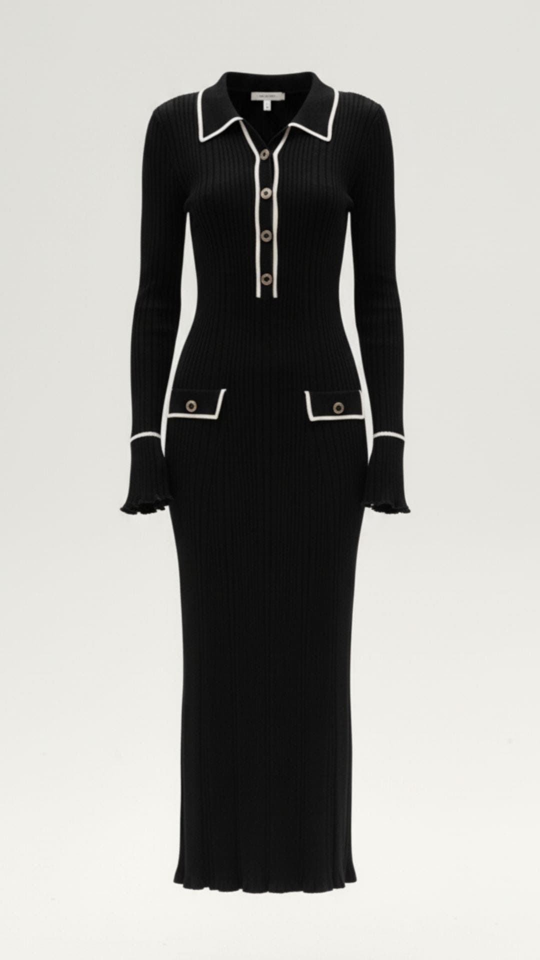 Langes Strickkleid mit Polokragen und Knopfleiste für Damen