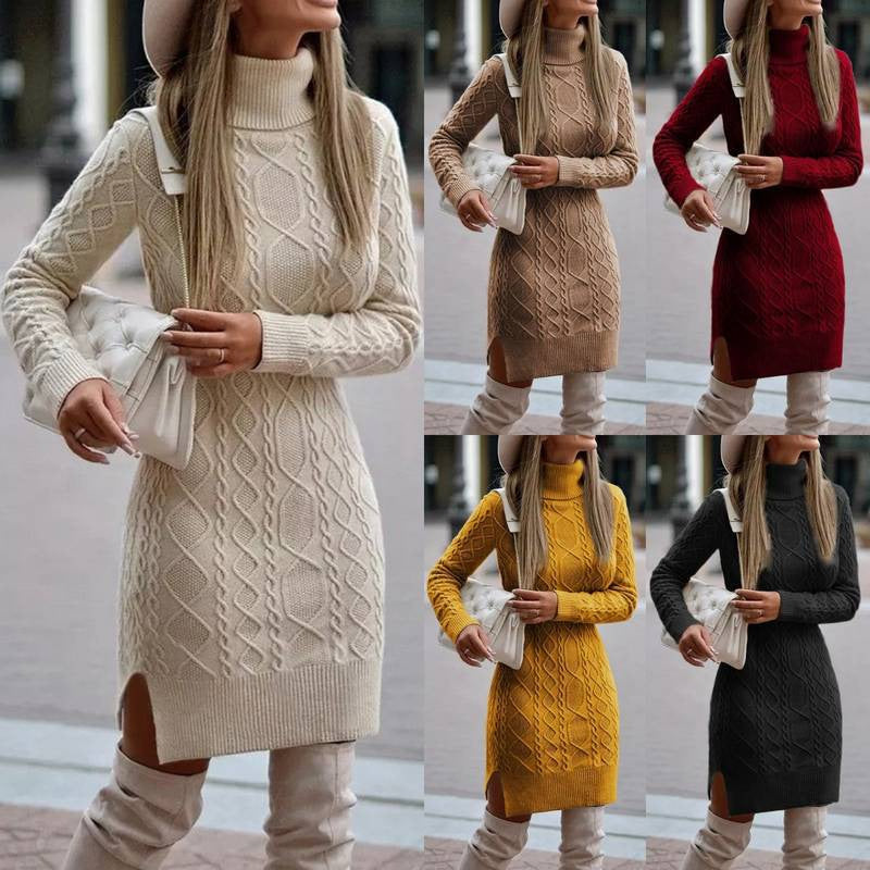 Strickkleid mit Zopfmuster, Rollkragen und Seitenschlitz für Damen