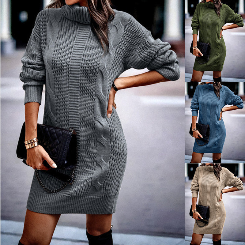 Strickkleid mit Zopfmuster, Rollkragen und Oversize-Passform für Damen