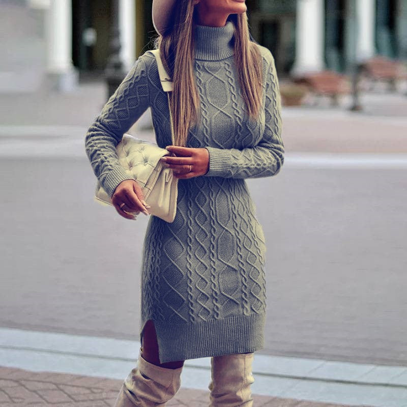 Strickkleid mit Zopfmuster, Rollkragen und Seitenschlitz für Damen