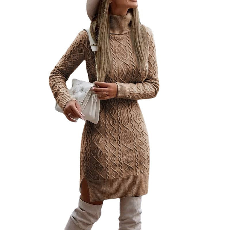 Strickkleid mit Zopfmuster, Rollkragen und Seitenschlitz für Damen