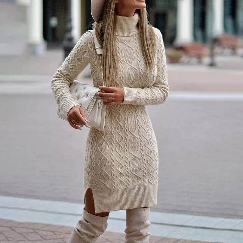 Strickkleid mit Zopfmuster, Rollkragen und Seitenschlitz für Damen