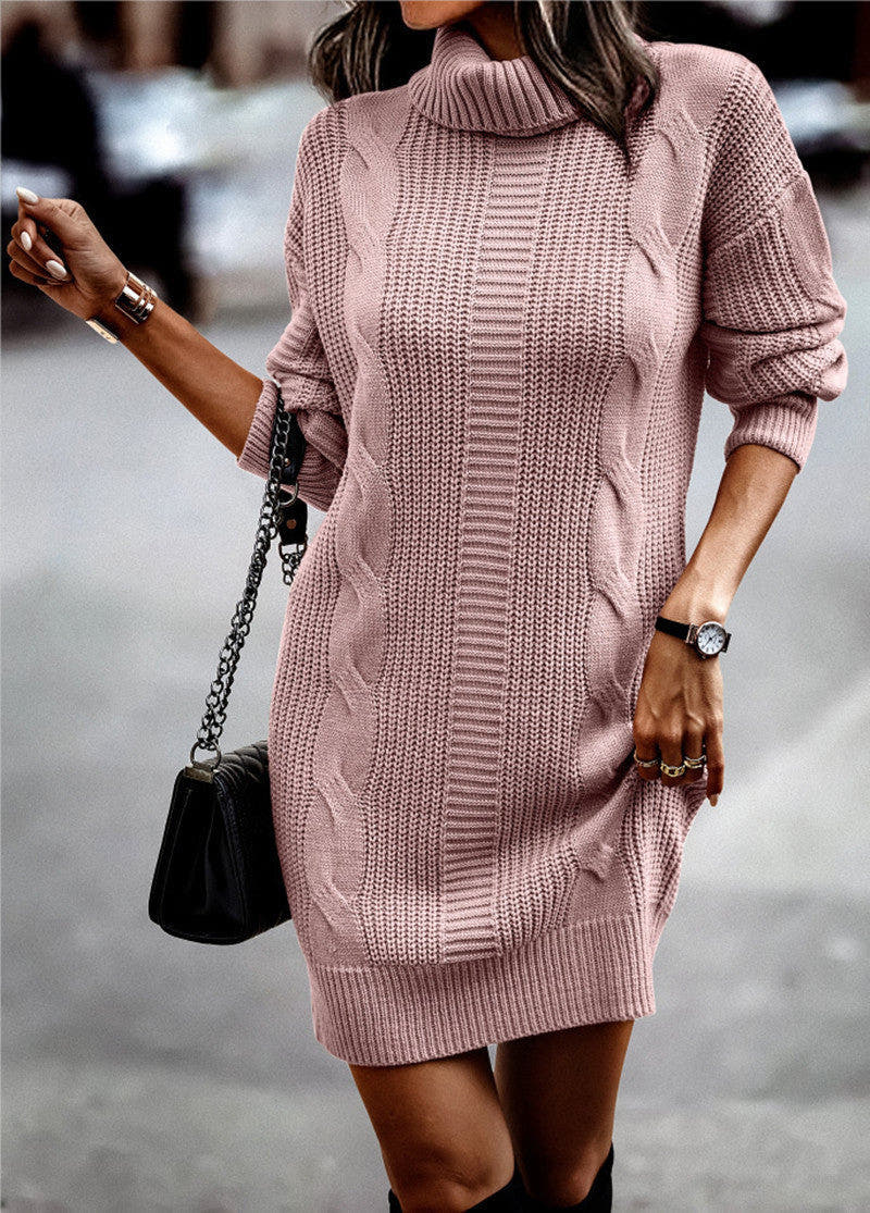 Strickkleid mit Zopfmuster, Rollkragen und Oversize-Passform für Damen