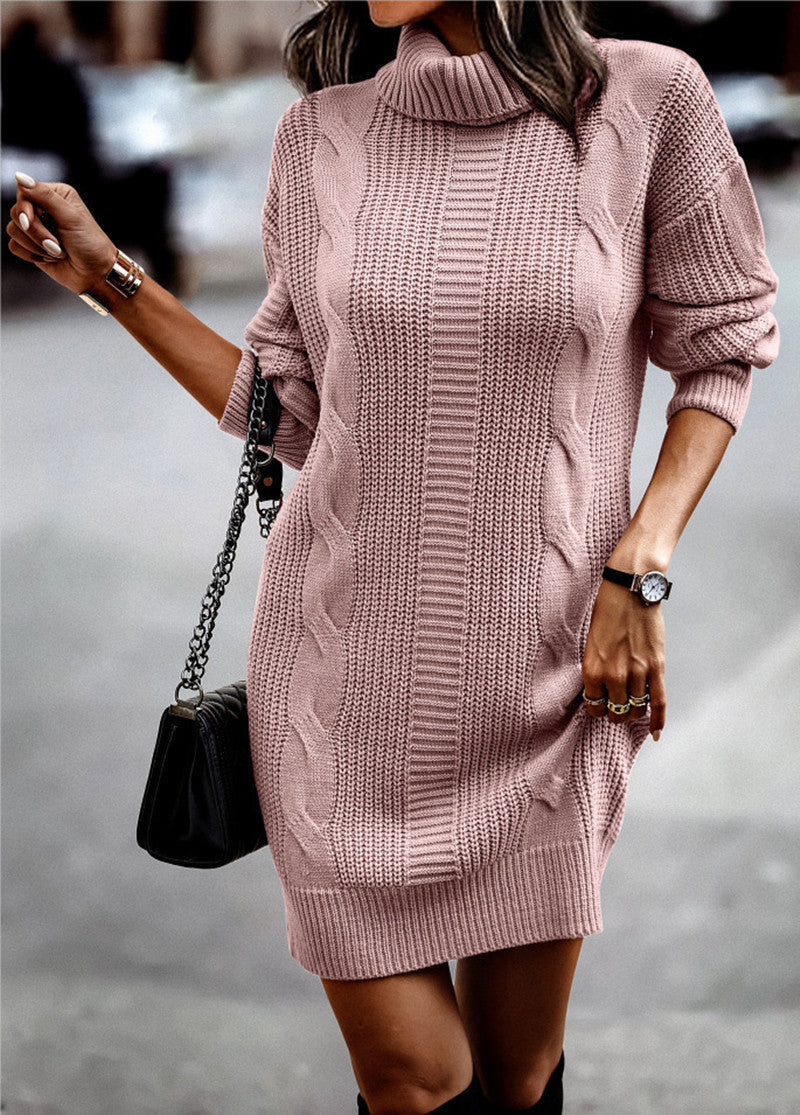 Strickkleid mit Zopfmuster, Rollkragen und Oversize-Passform für Damen