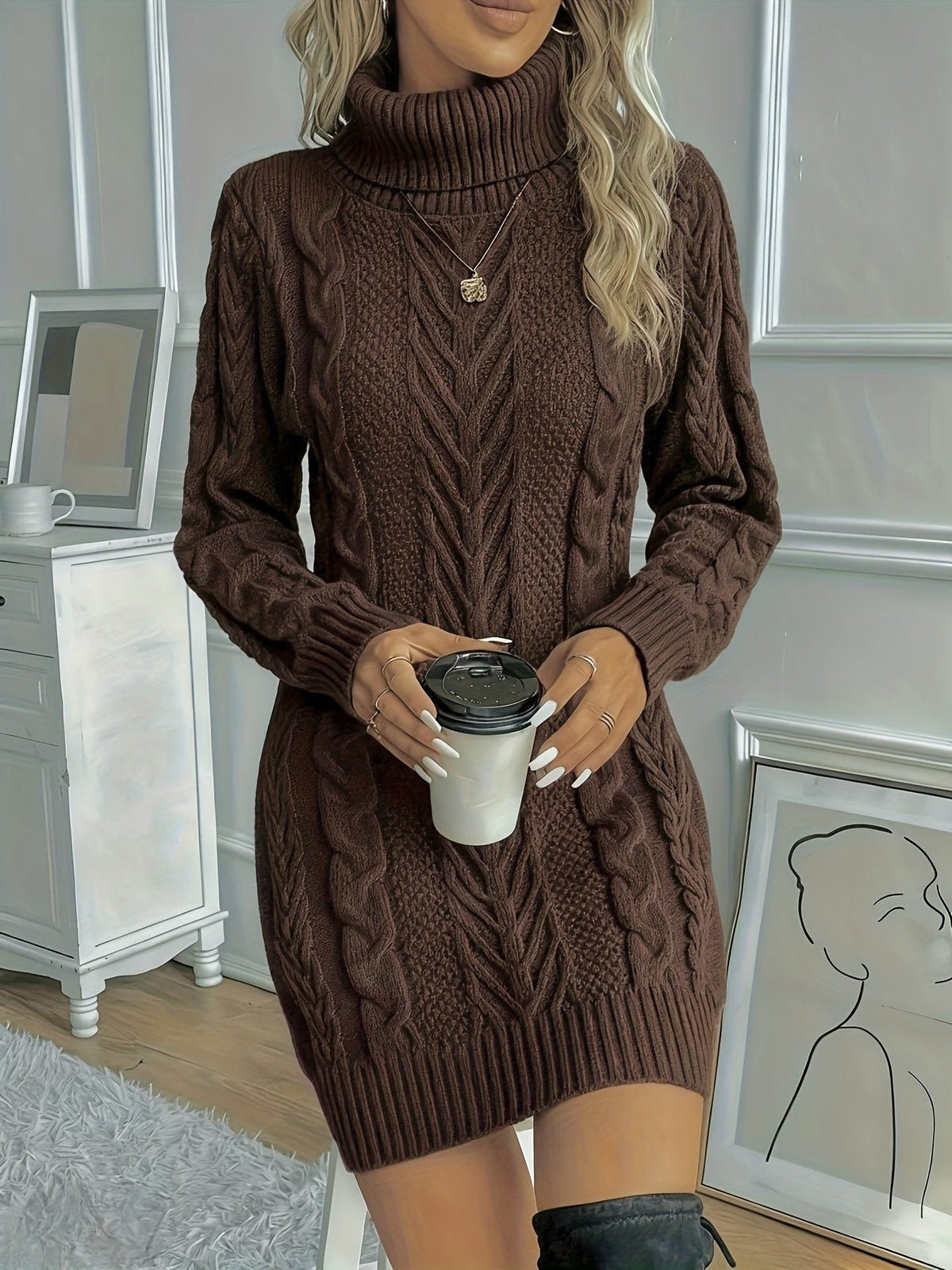 Strickkleid mit Grobstrick, Zopfmuster und Rollkragen für Damen