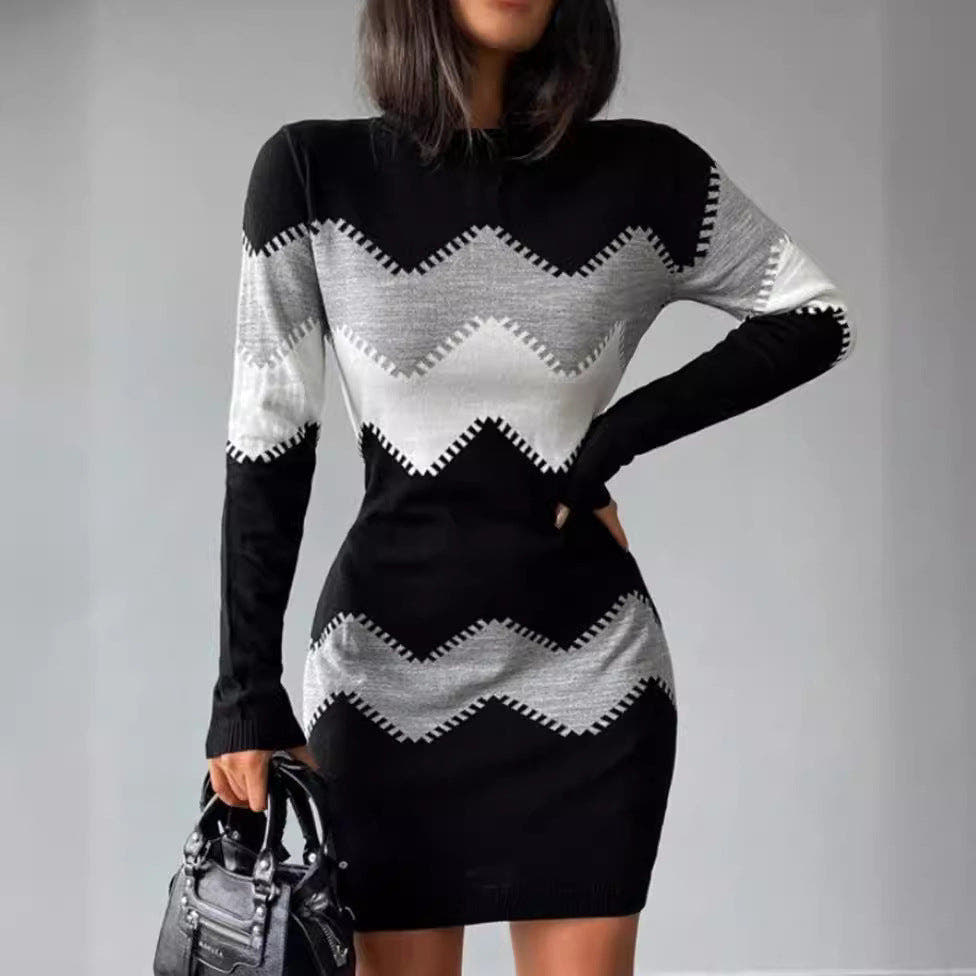Strickkleid mit Chevronmuster und langen Ärmeln für Damen