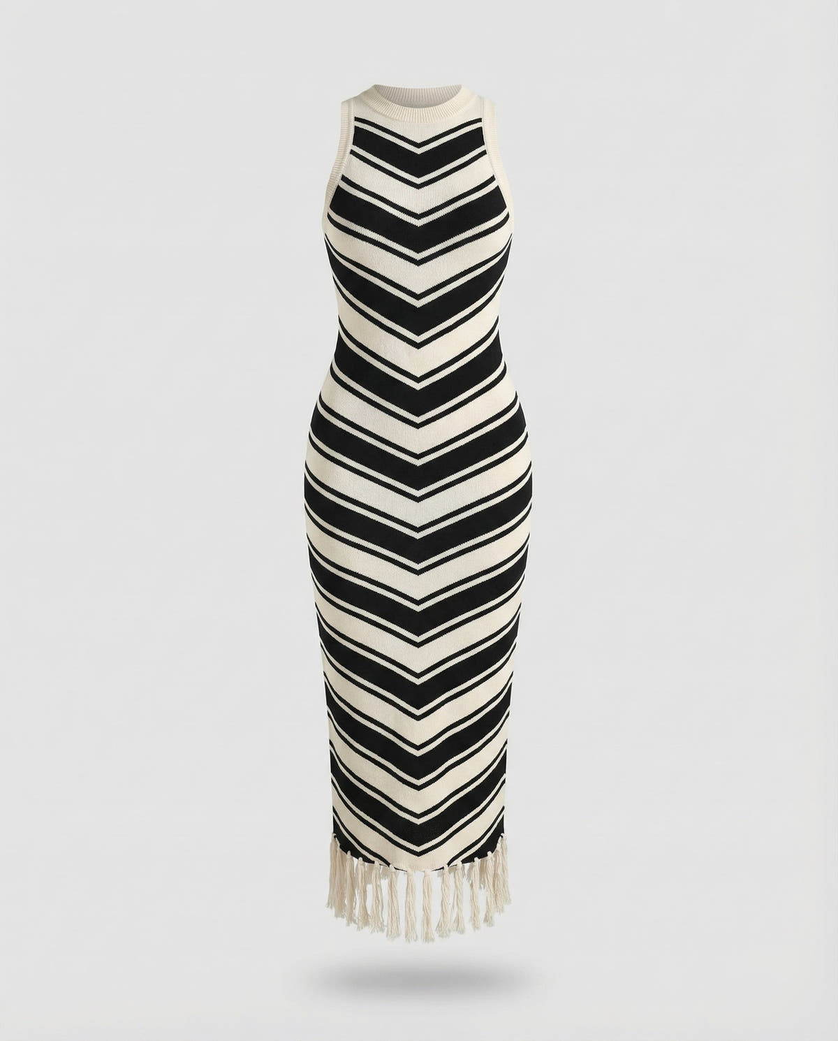 Strickkleid mit Chevron-Streifen und Fransensaum ohne Ärmel für Damen