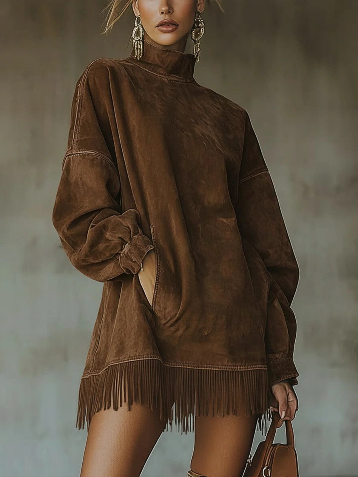 Strickkleid in Minilänge mit Stehkragen und Fransensaum für Damen
