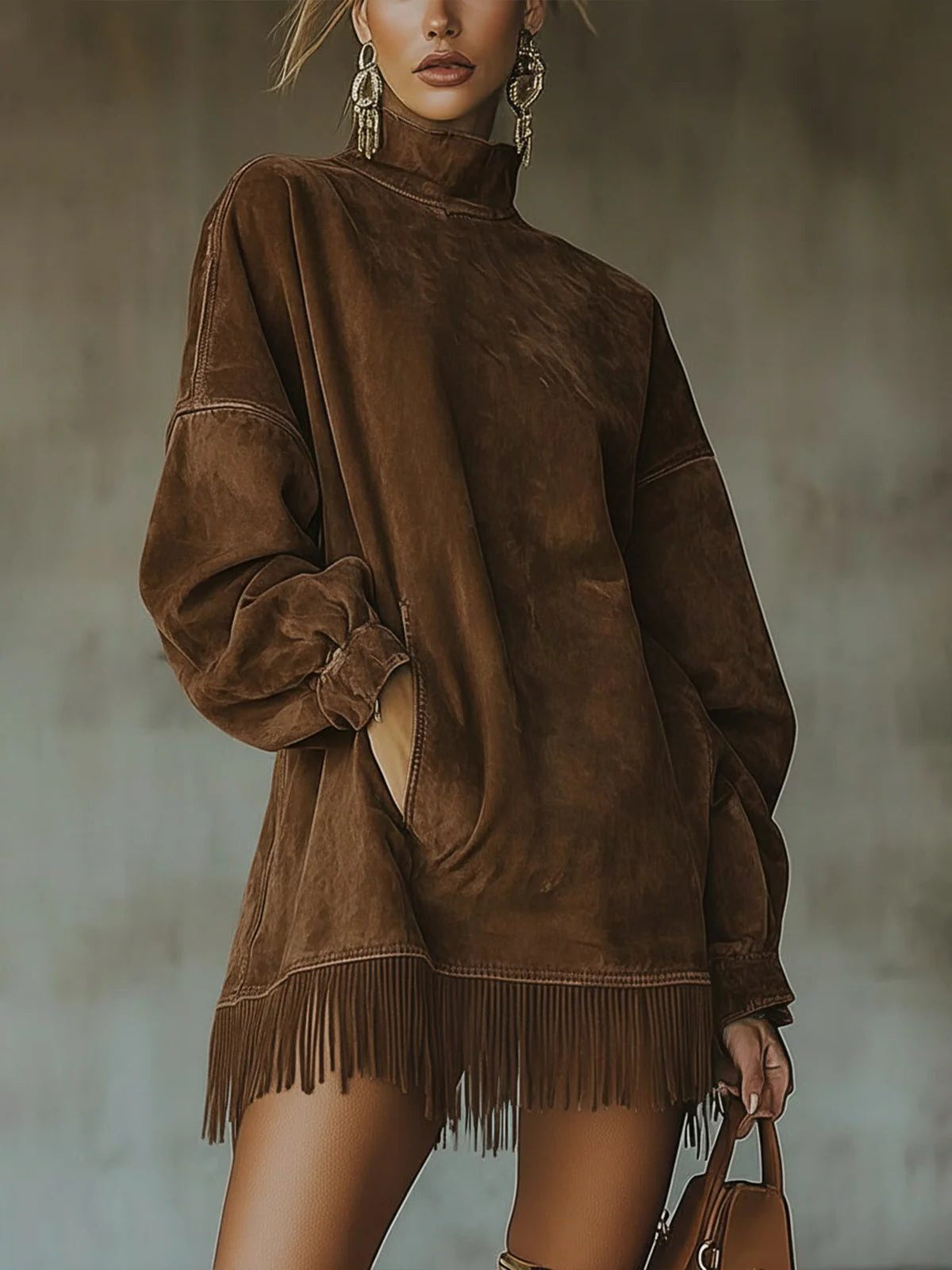 Strickkleid in Minilänge mit Stehkragen und Fransensaum für Damen