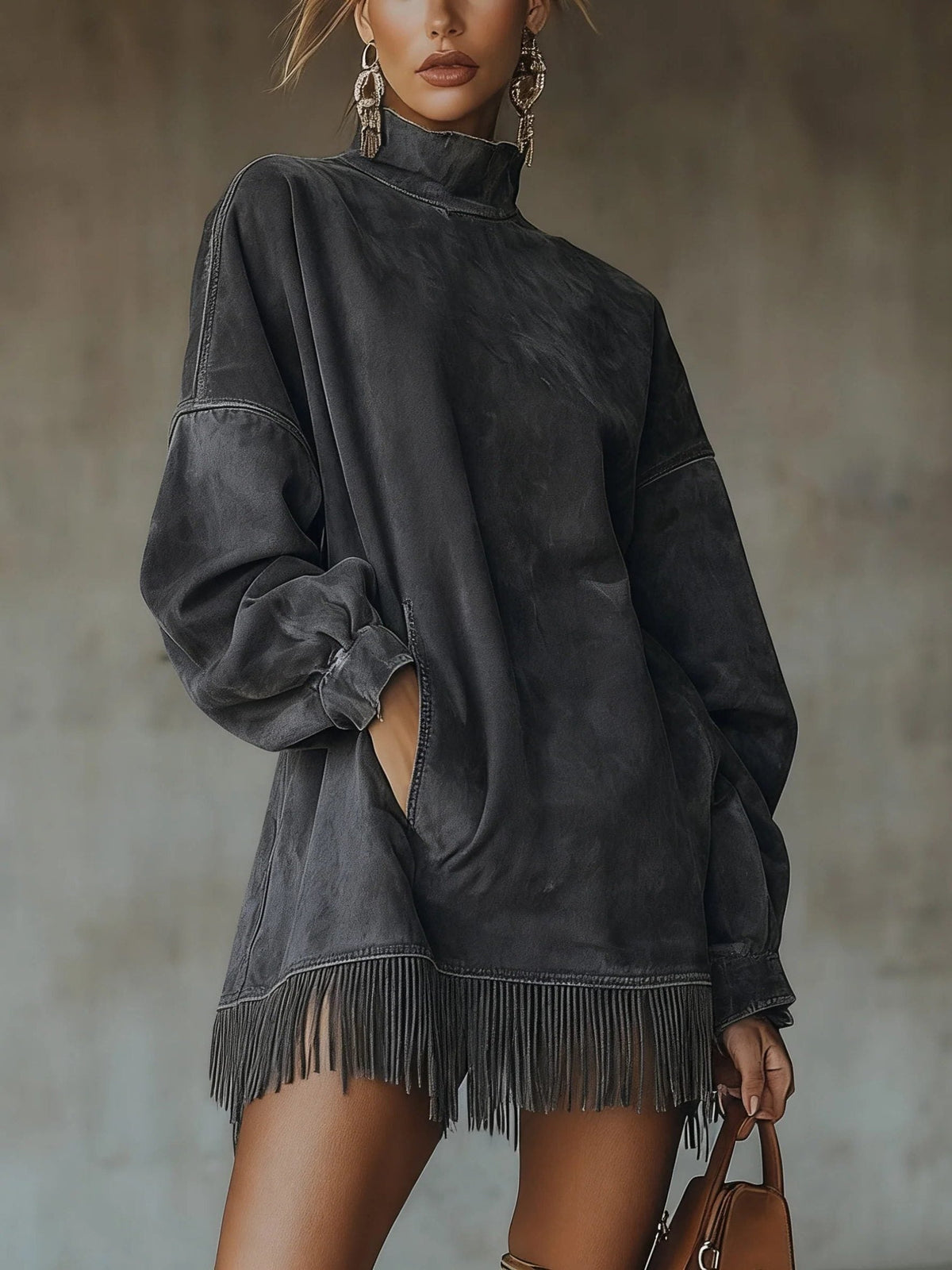 Strickkleid in Minilänge mit Stehkragen und Fransensaum für Damen