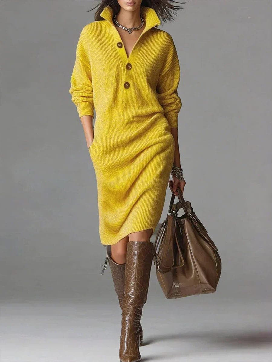 Knielanges Strickkleid mit Knopfleiste und Rippstrick für Damen