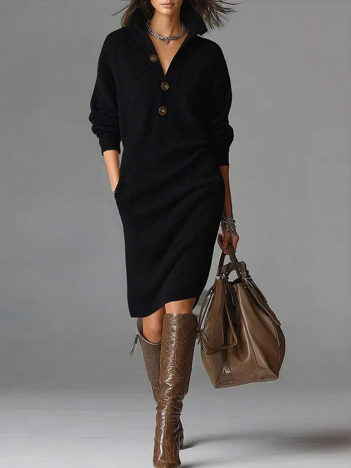 Knielanges Strickkleid mit Knopfleiste und Rippstrick für Damen