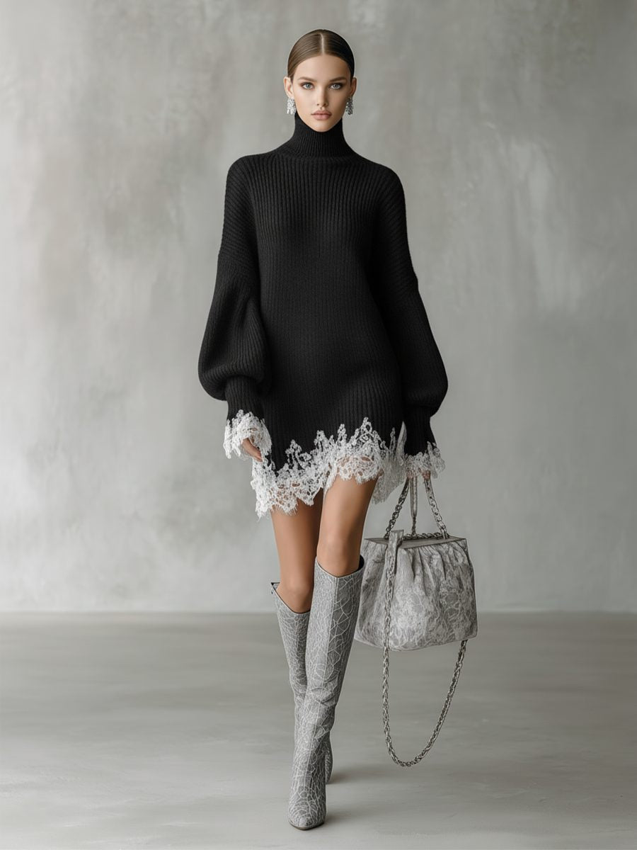 Strickkleid mit Rollkragen, Spitzensaum und Puffärmeln für Damen