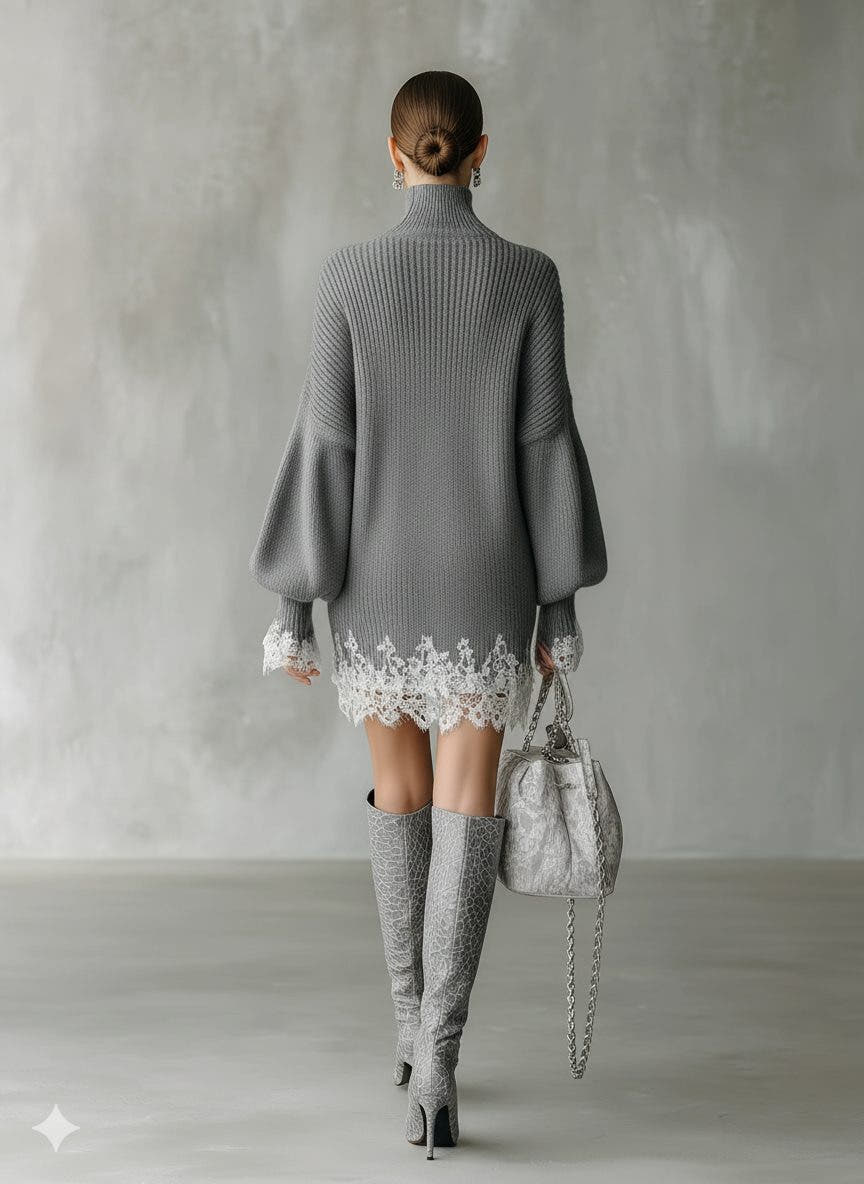 Strickkleid mit Rollkragen, Spitzensaum und Puffärmeln für Damen