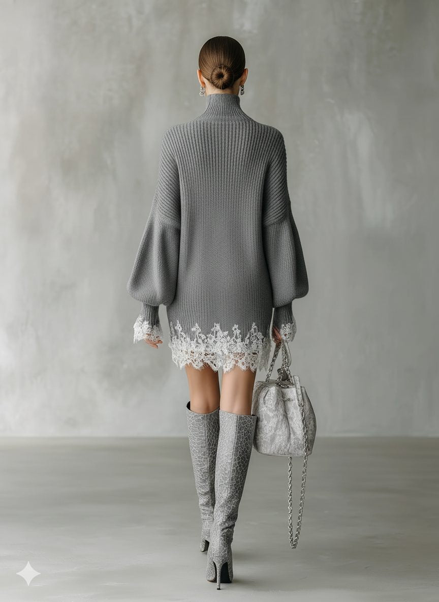 Strickkleid mit Rollkragen, Spitzensaum und Puffärmeln für Damen