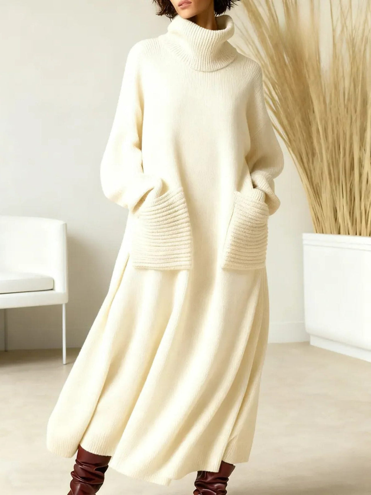 Langes Strickkleid mit Rollkragen und Taschen in Oversize für Damen