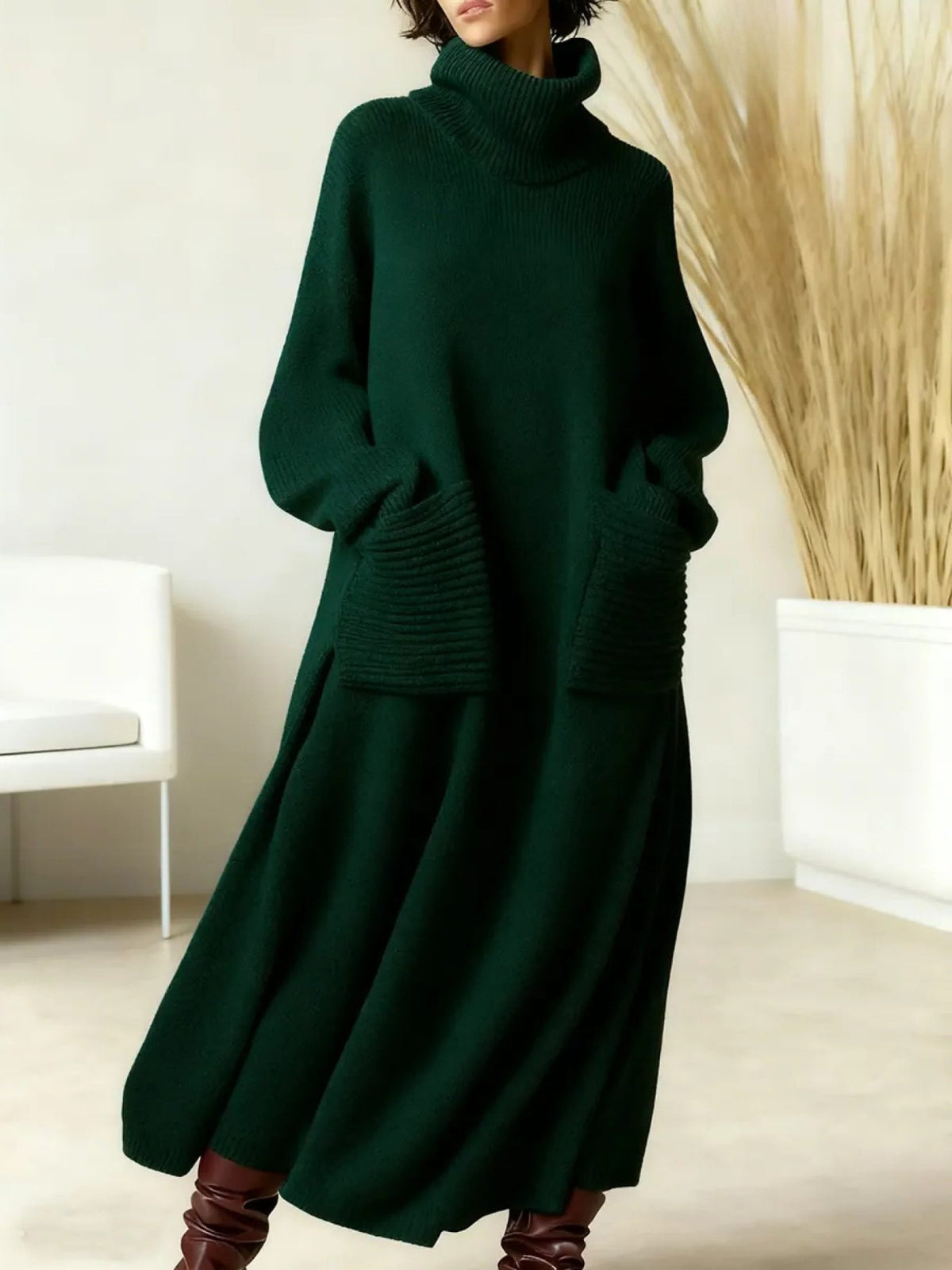 Langes Strickkleid mit Rollkragen und Taschen in Oversize für Damen