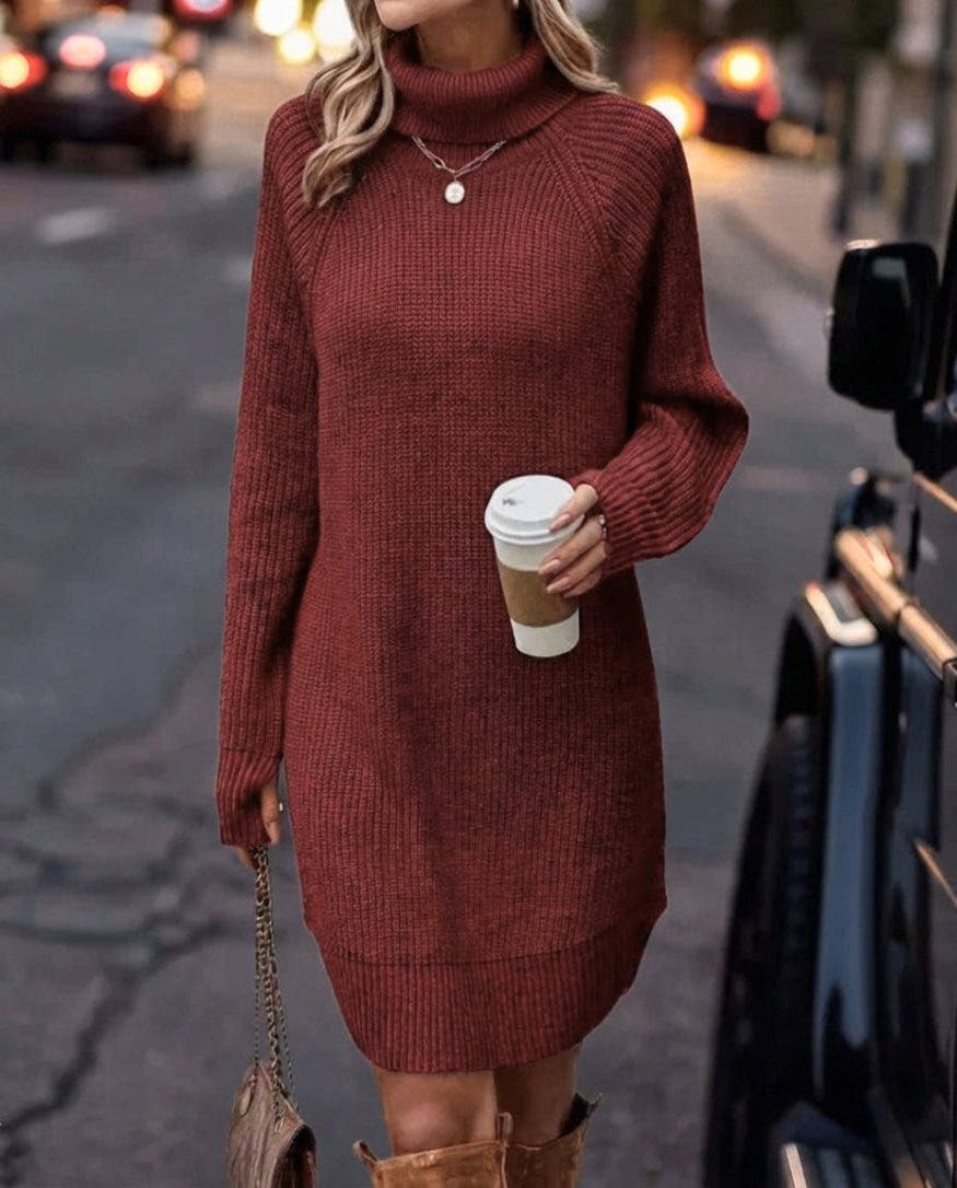 Kurzes Strickkleid mit Rollkragen und Rippstrick für Damen