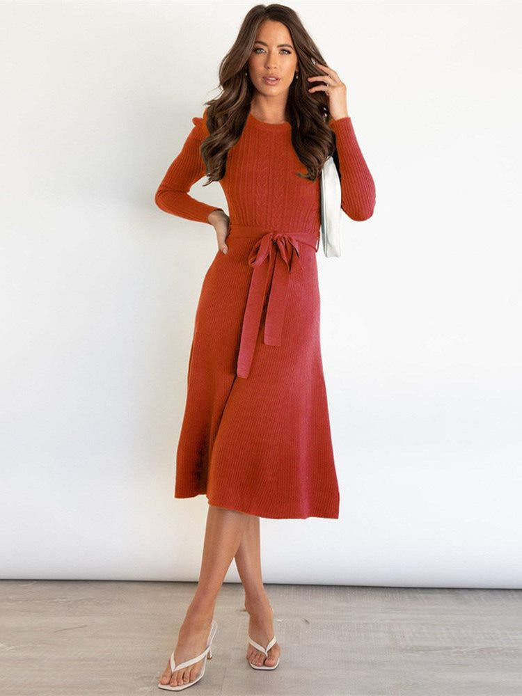 Strickkleid in A-Linie mit Bindegürtel und Rippstrick für Damen