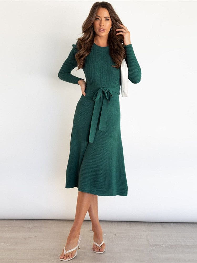 Strickkleid in A-Linie mit Bindegürtel und Rippstrick für Damen