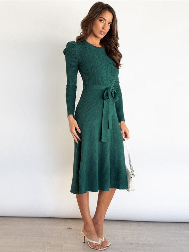 Strickkleid in A-Linie mit Bindegürtel und Rippstrick für Damen