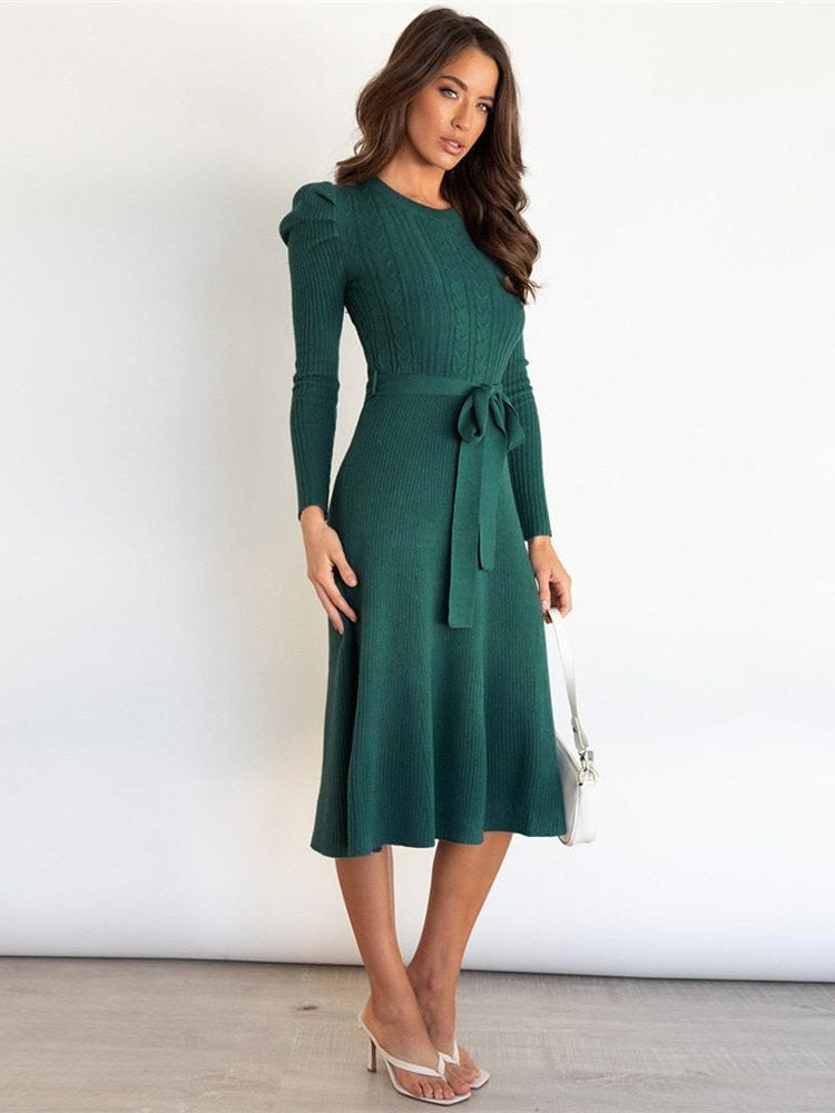 Strickkleid in A-Linie mit Bindegürtel und Rippstrick für Damen