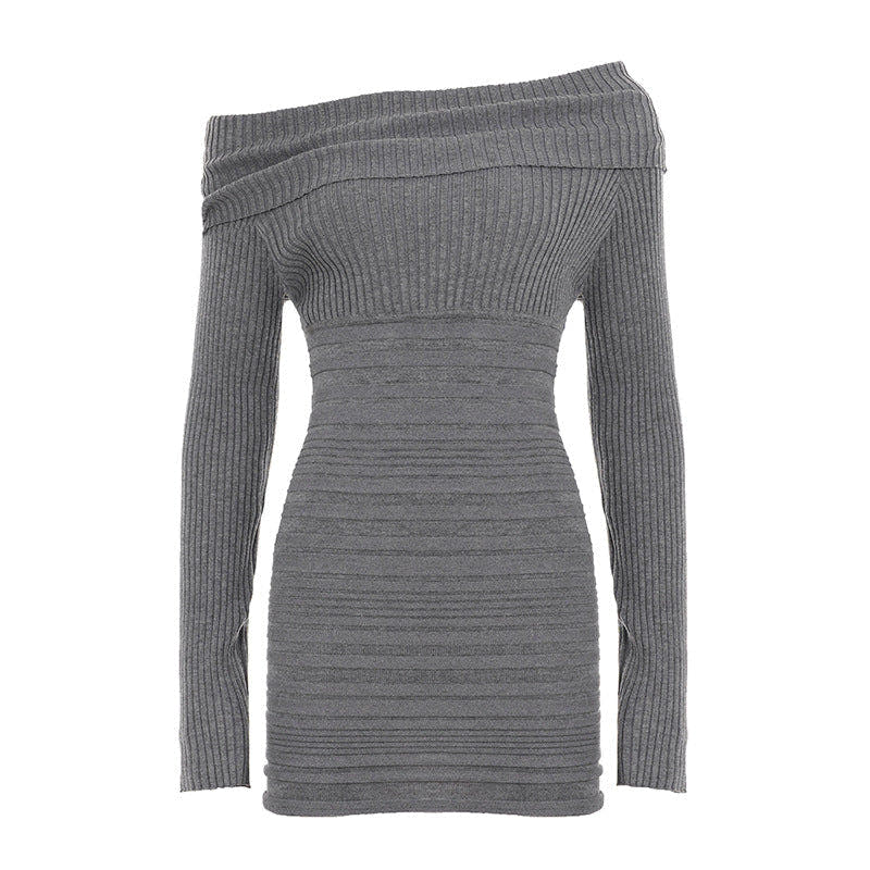 Schulterfreies Strickkleid mit Umschlagkragen und Raffung für Damen