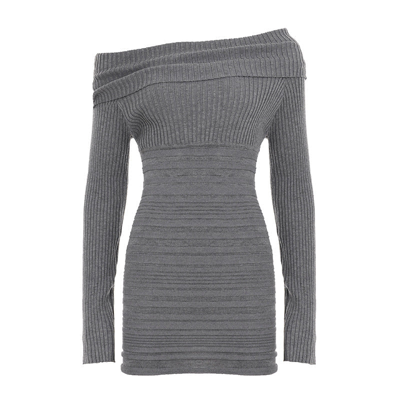 Schulterfreies Strickkleid mit Umschlagkragen und Raffung für Damen
