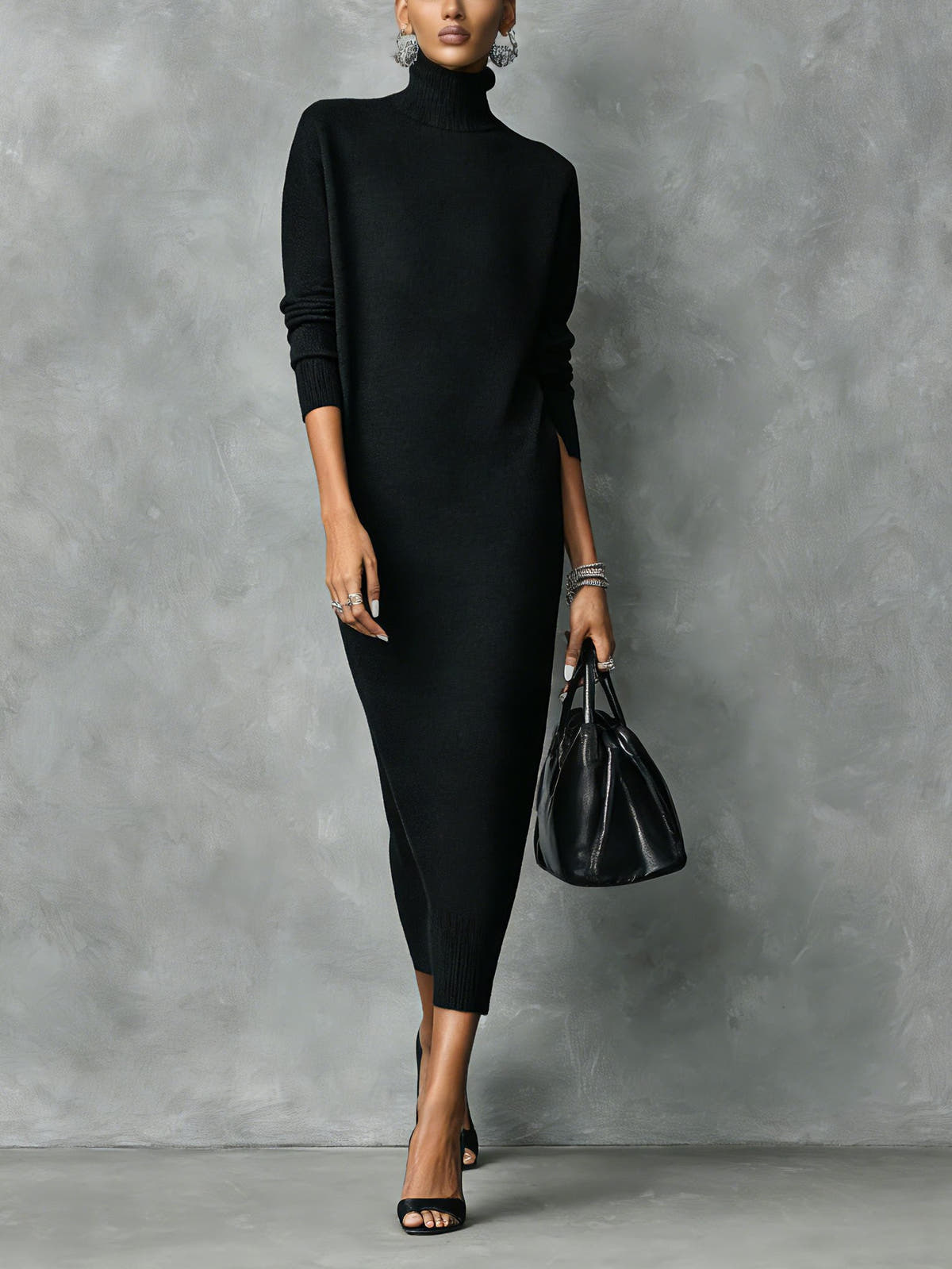 Strickkleid mit Rollkragen in Midilänge und Rippstrick für Damen