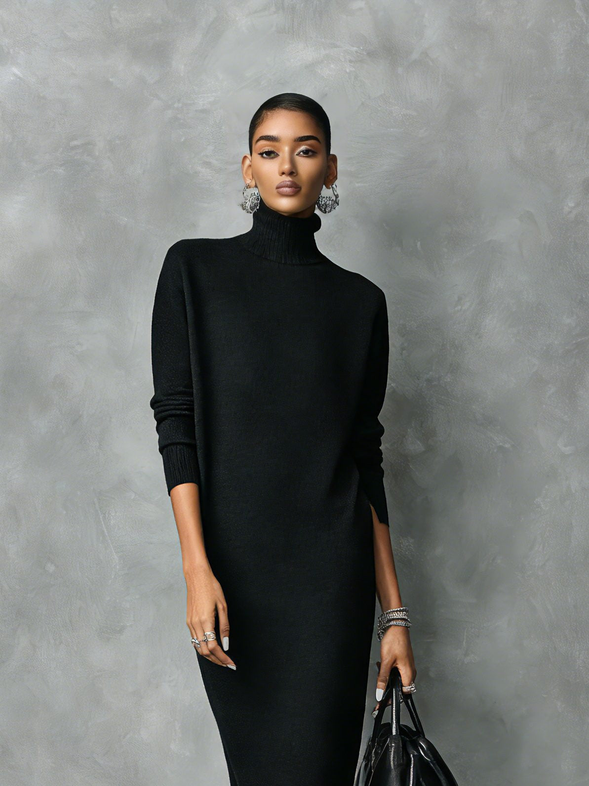 Strickkleid mit Rollkragen in Midilänge und Rippstrick für Damen