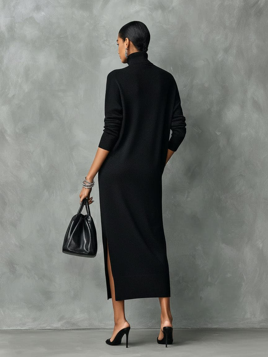 Strickkleid mit Rollkragen in Midilänge und Rippstrick für Damen