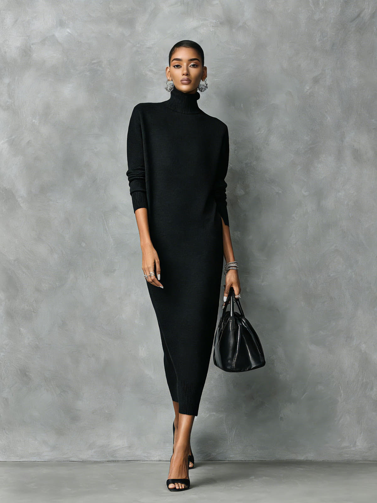 Strickkleid mit Rollkragen in Midilänge und Rippstrick für Damen