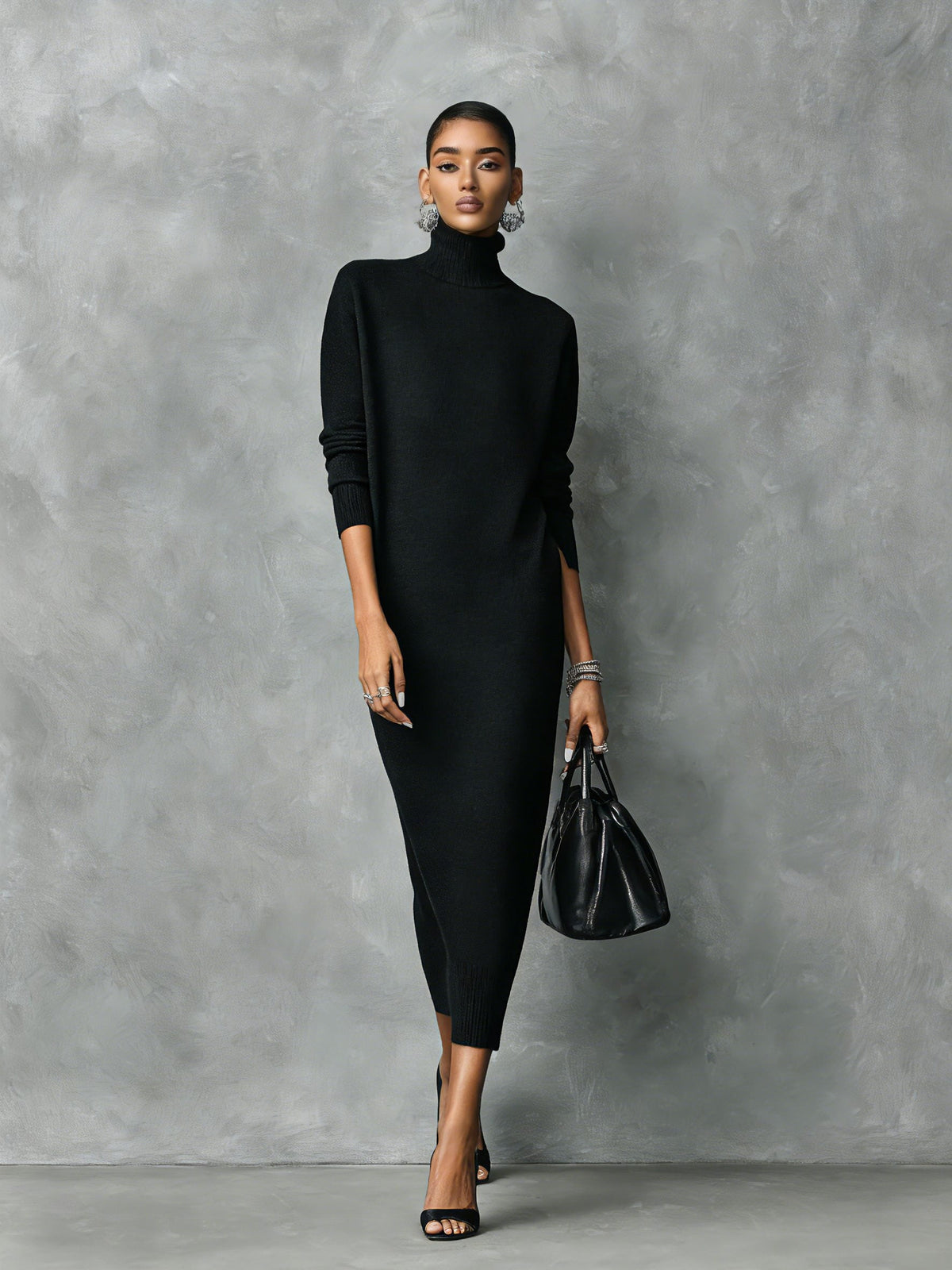 Strickkleid mit Rollkragen in Midilänge und Rippstrick für Damen