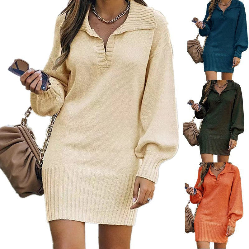 Strickkleid mit V-Ausschnitt und Rippensaum für Damen
