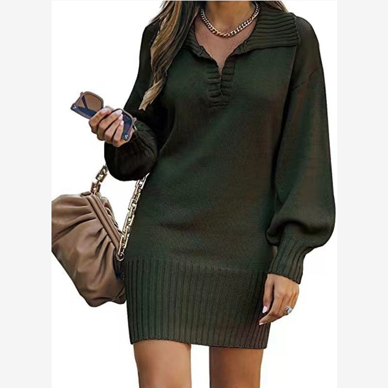 Strickkleid mit V-Ausschnitt und Rippensaum für Damen