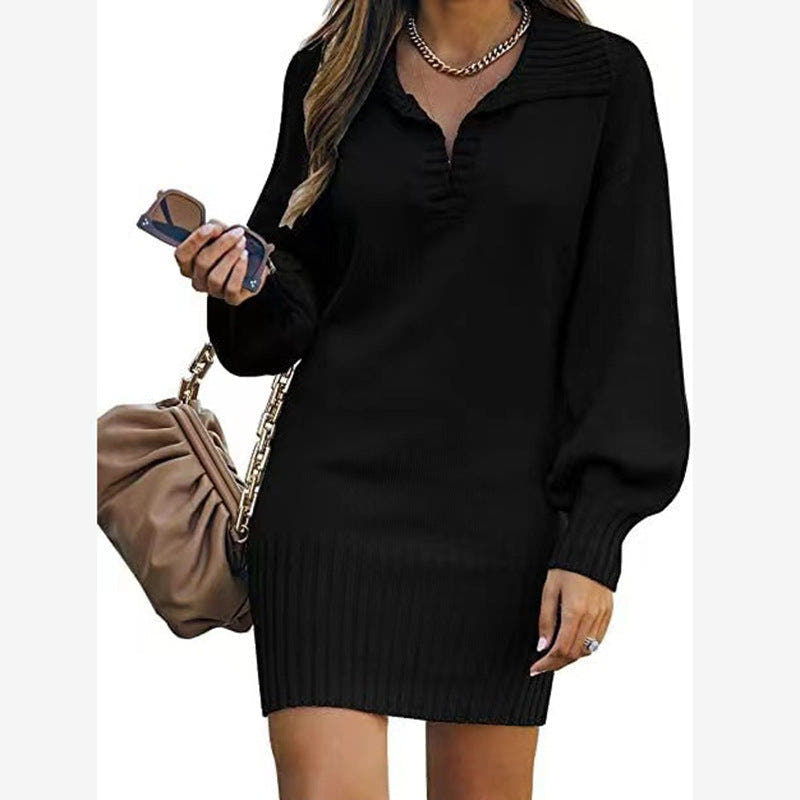 Strickkleid mit V-Ausschnitt und Rippensaum für Damen