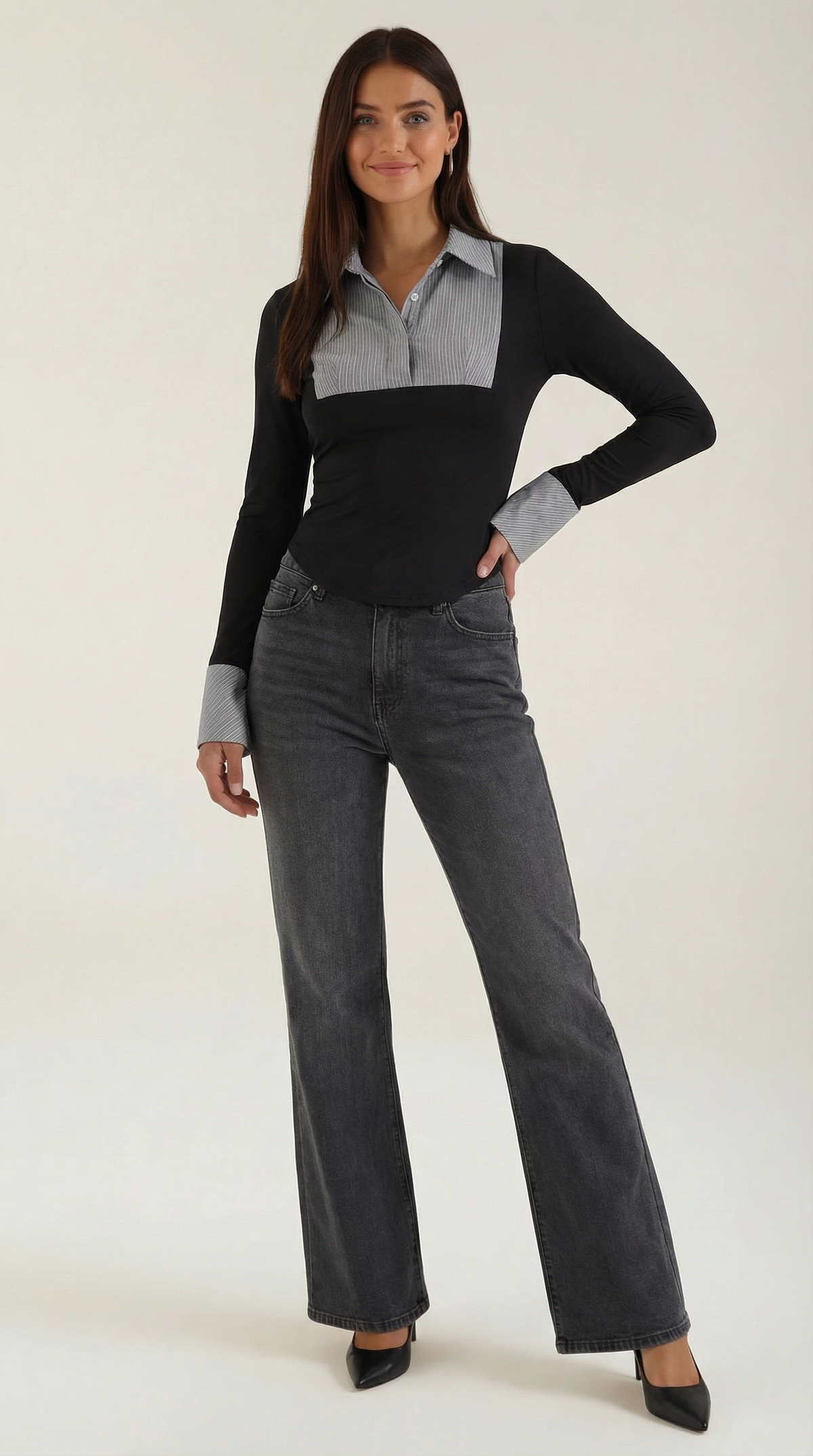 Langarmshirt mit plissiertem Latz und Kragen für Damen - Schwarz