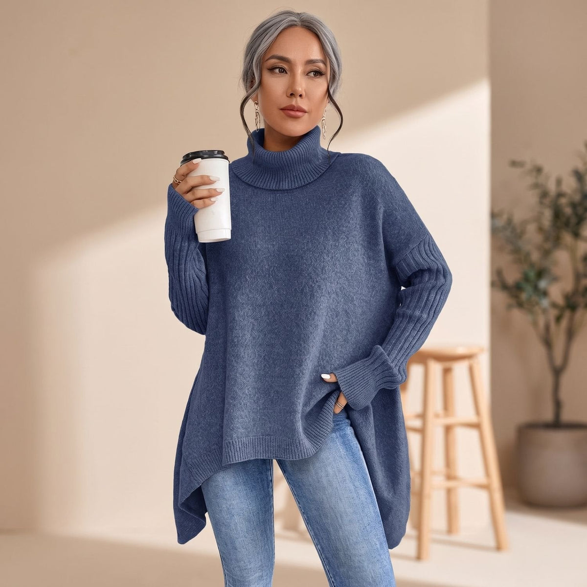 Kaschmirpullover Damen Oversize mit Rollkragen und langen Ärmeln