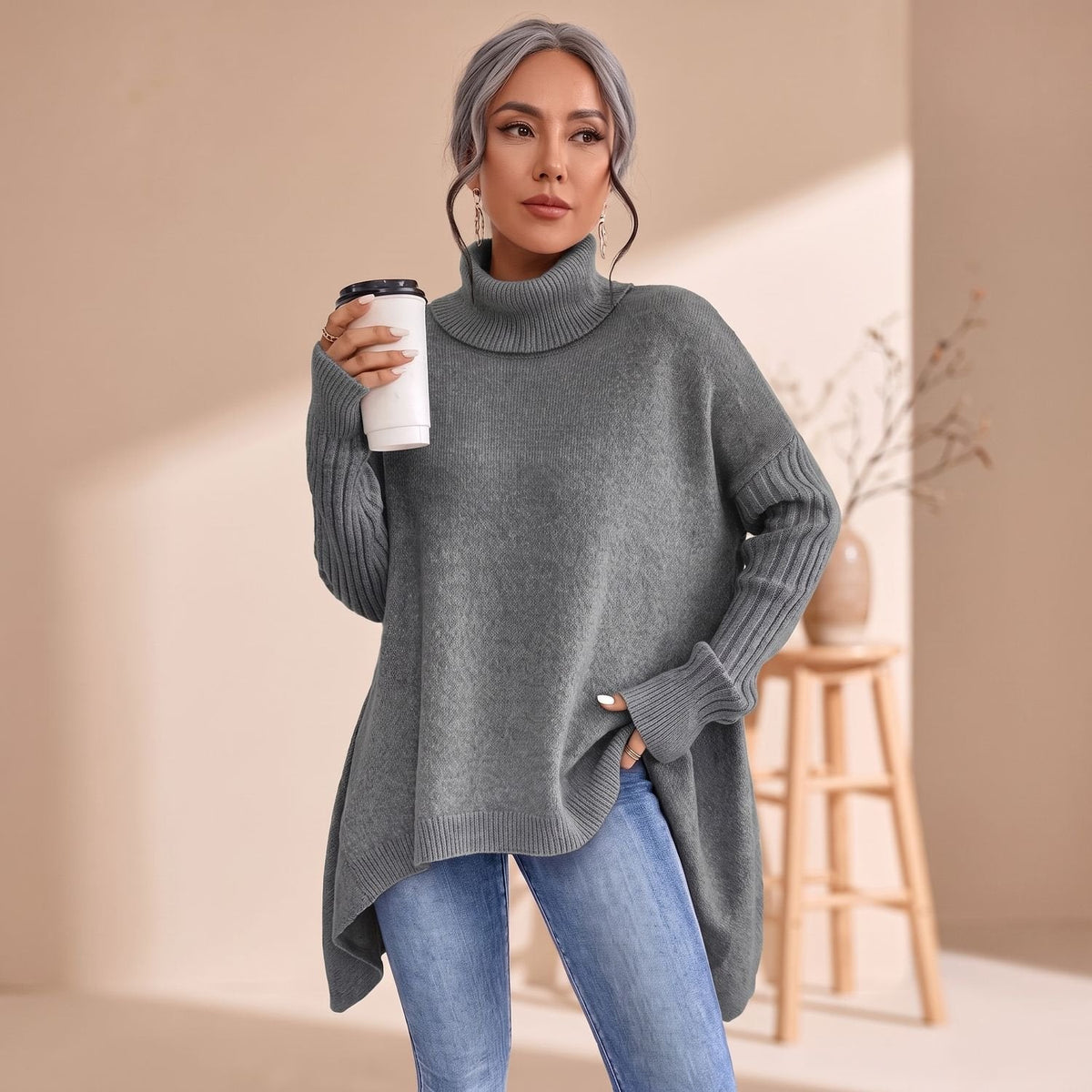 Kaschmirpullover Damen Oversize mit Rollkragen und langen Ärmeln