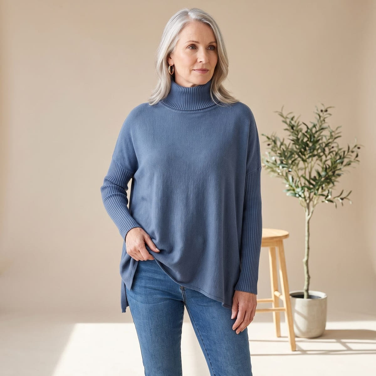 Kaschmirpullover Damen Oversize mit Rollkragen und langen Ärmeln